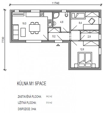 půdorys modulu M řady Space - dřevostavby KŮLNA - 1.varianta