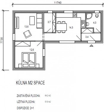 půdorys modulu M řady Space - dřevostavby KŮLNA - 2.varianta