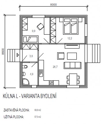 půdorys modulu L řady Universal - varianta bydlení - dřevostavby KŮLNA