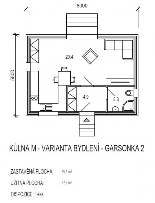 půdorys modulu M řady Universal - varianta garsonka - dřevostavby KŮLNA