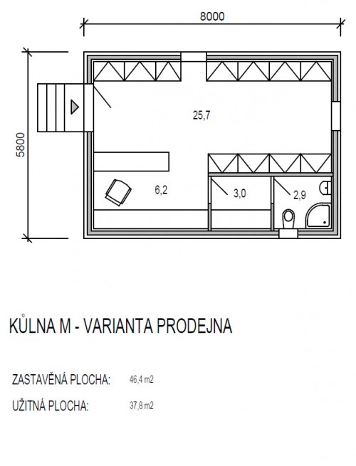 půdorys modulu M řady Universal - varianta prodejna - dřevostavby KŮLNA